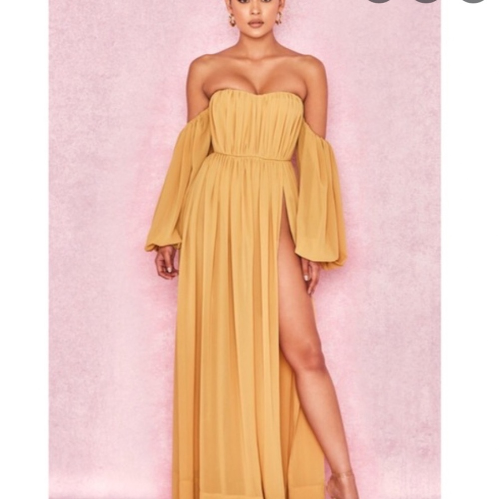 House Of CB, 'Marlena' Mustard Chiffon Bardot Maxi Dress, Size S